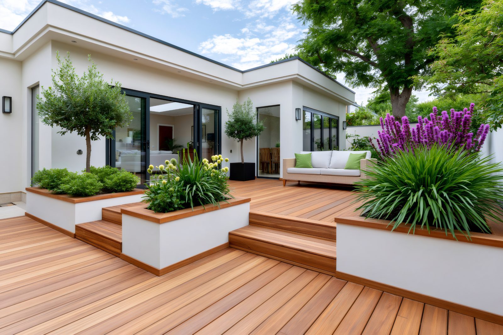 Modern white house with wooden deck, planters with purple flowers and green plants, and outdoor seating area