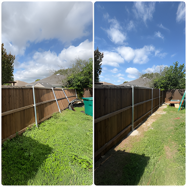 Before and after of a repaired and restained backyard wood fence