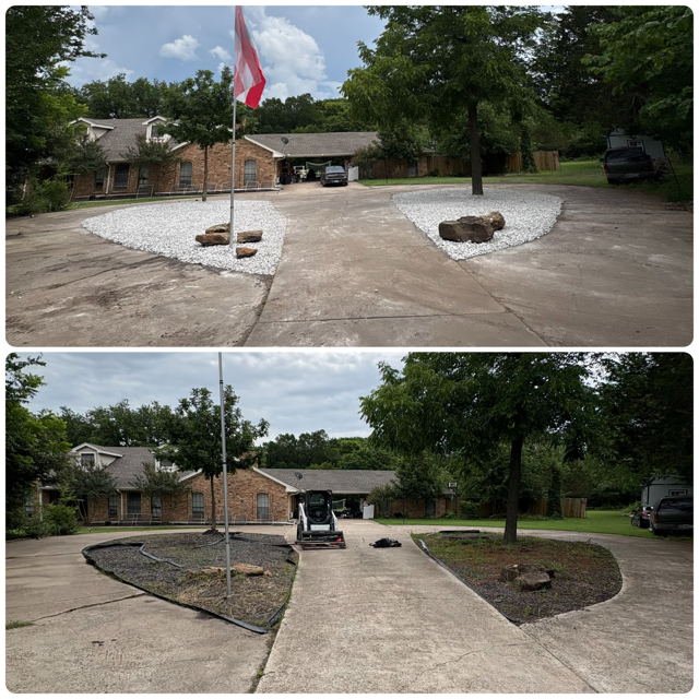 Before and after of a driveway island with white rock and stone