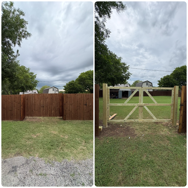 Before and after of a leaning fence replaced with a new gate frame