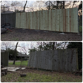Before and after of a collapsing fence rebuilt straight and level