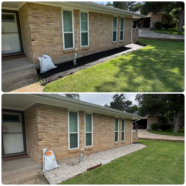 Before and after of a bare foundation bed filled with white rock