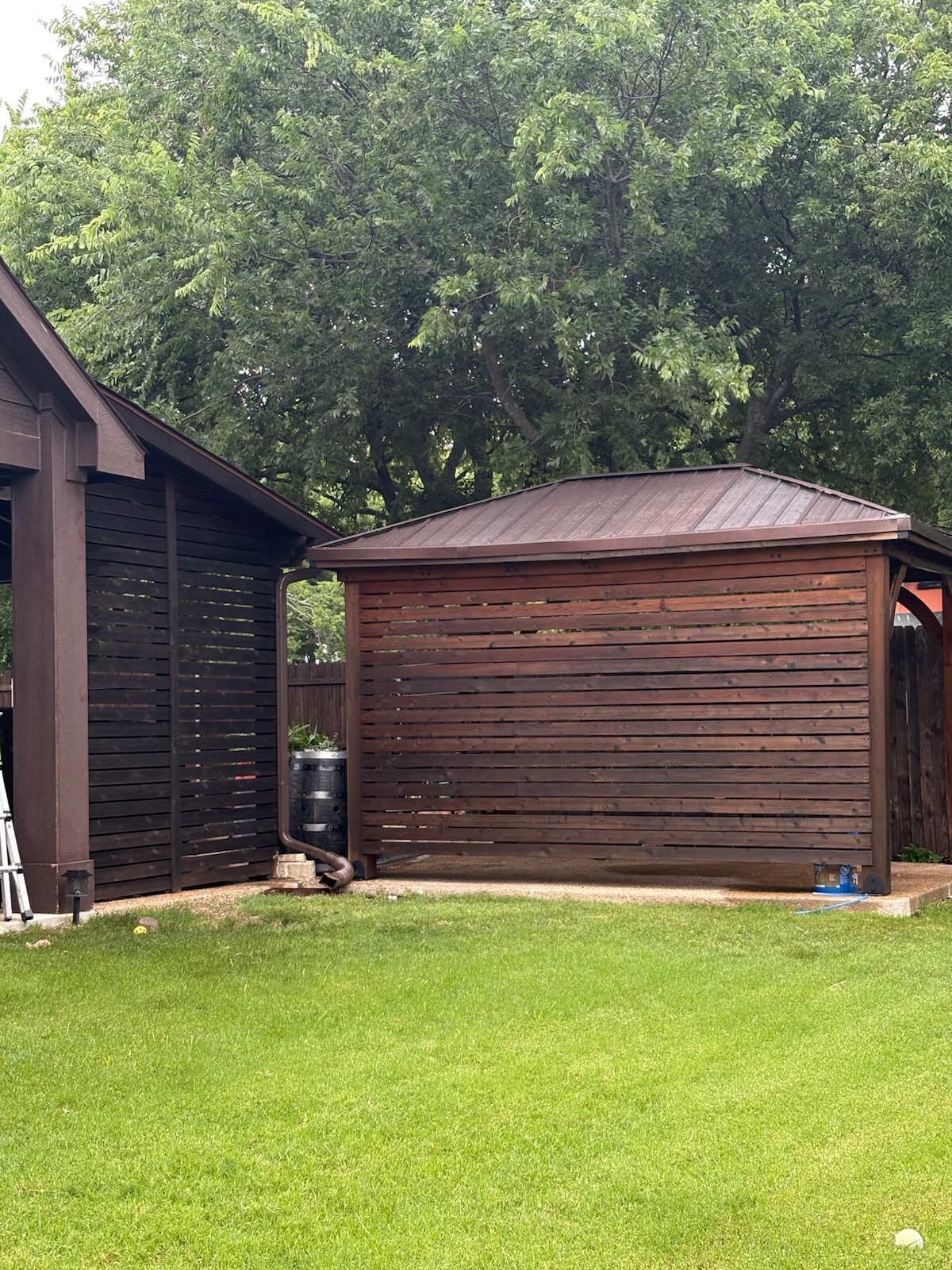 Horizontal slat privacy screen and covered structure in a backyard