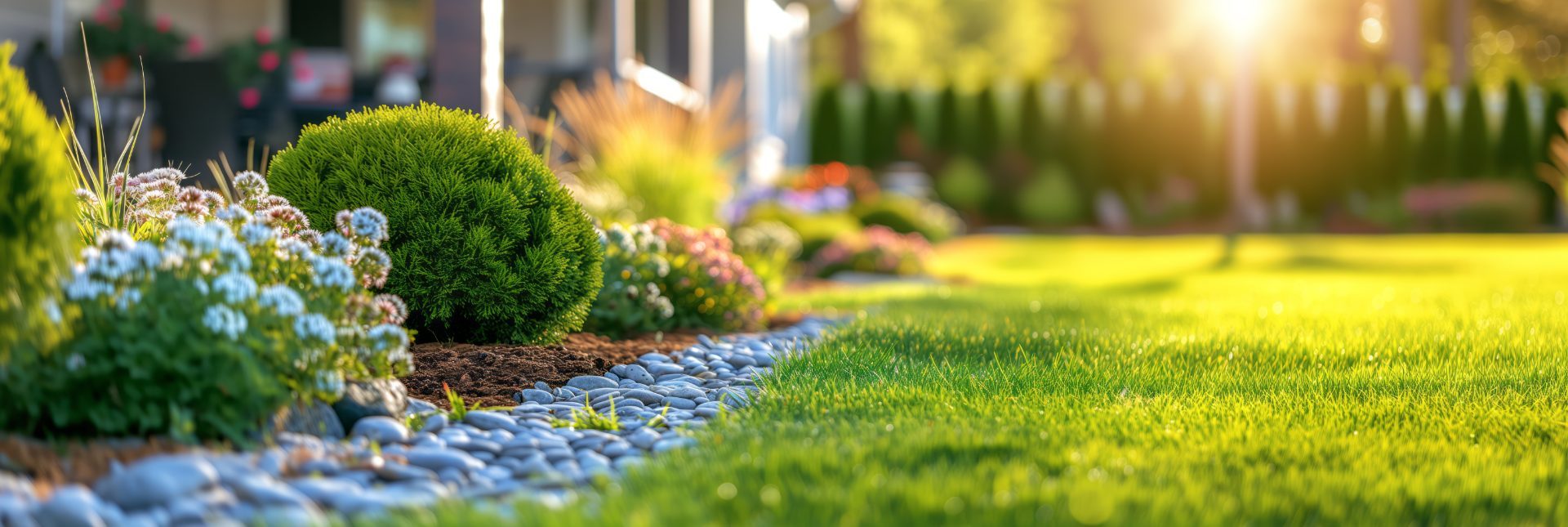Well-maintained residential landscape with green lawn, flowering plants, spherical boxwood shrub, and decorative stone border edging