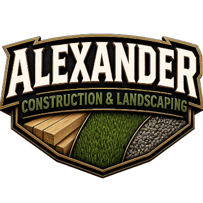 Alexander Construction & Landscaping logo featuring wood, grass, and stone materials