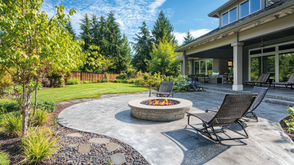 Modern backyard patio with circular fire pit, lounge chairs, and manicured lawn bordered by trees