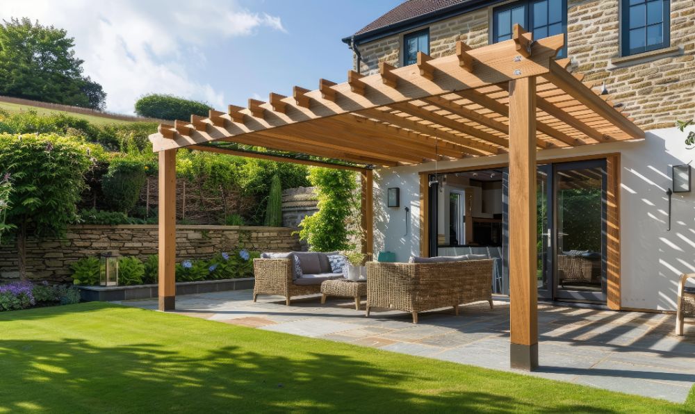 Modern wooden pergola with shade canopy over patio seating area adjacent to stone house
